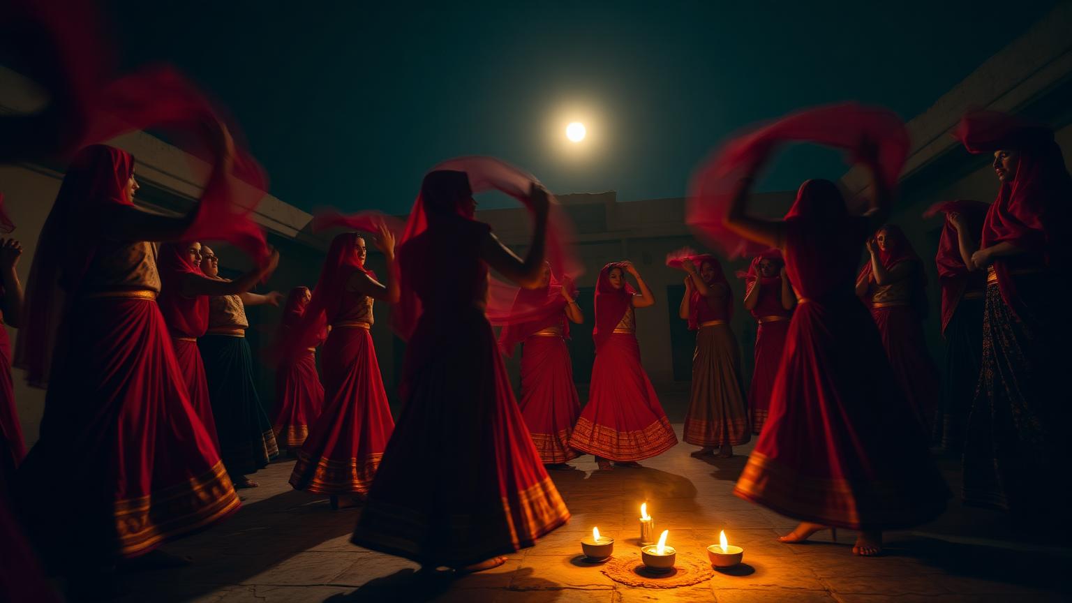 Meena women performing Ghoomar under the moon